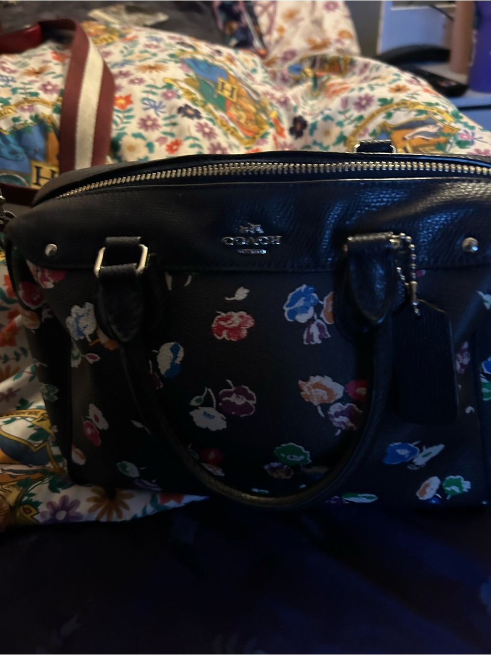Coach Black Floral Leather Satchel with Multicolor Blooms